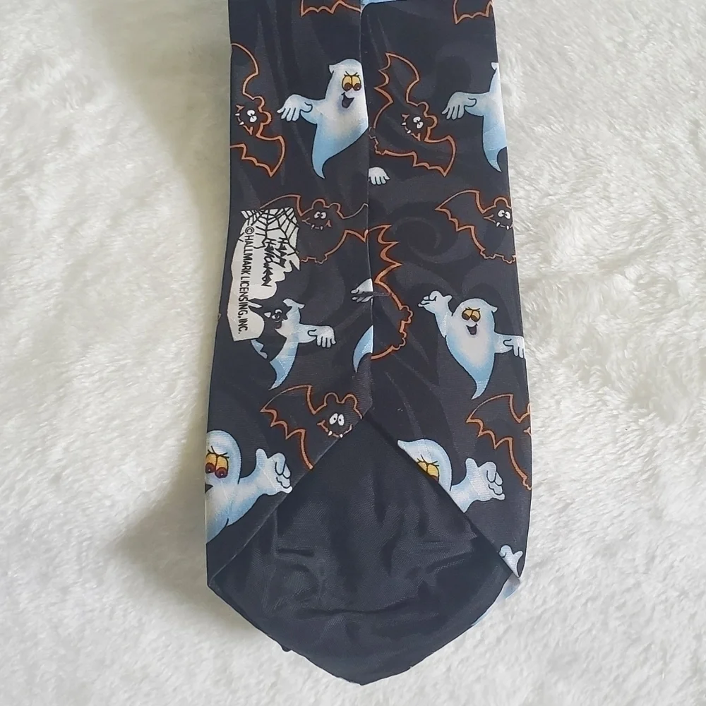 Hallmark Vintage VTG Retro Novelties Halloween Ghost Bat Black Necktie T…